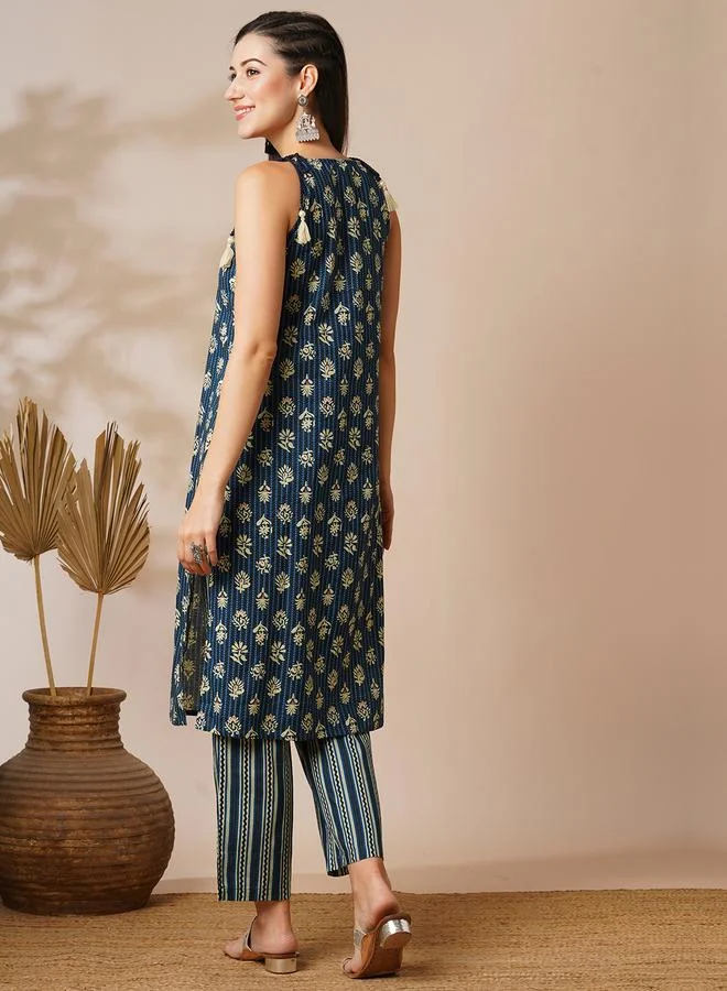 globus Women Blue Tie-Up Strappy Kurta with Striped Pants Set